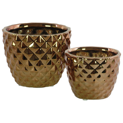Round Ceramic Vase With Engraved Diamond Design , Set Of 2, Copper