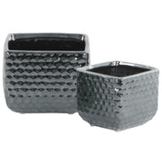 Ceramic Square Vase  With Engraved Diamond Pattern, Set Of 2, Silver