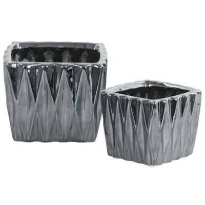 Square Ceramic Vase With 3D Triangle Pattern, Set Of 2, Silver