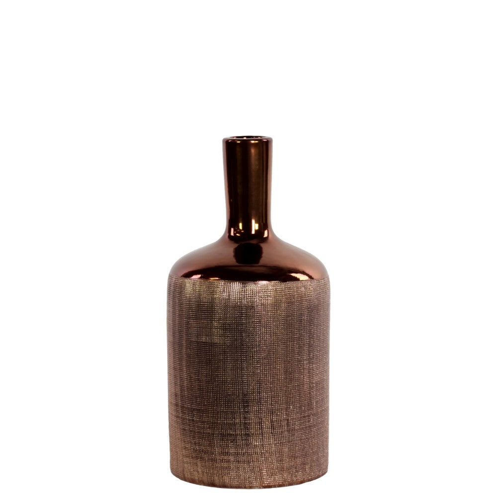 Ceramic Bottle Shaped Vase With Long Elongated Neck, Medium, Copper