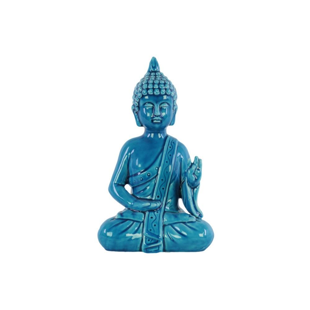 Ceramic Meditating Buddha Figurine with Pointed Ushnisha in Abhaya Mudra, Blue