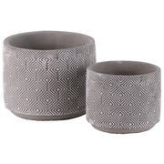 Cylindrical Cemented Pots with Engraved Lattice Diamond Pattern, Washed Gray,Set of 2