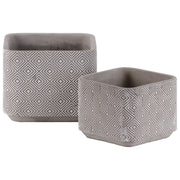 Cemented Square Shape Pots with Engraved Lattice Diamond Pattern,Washed Gray,Set of 2