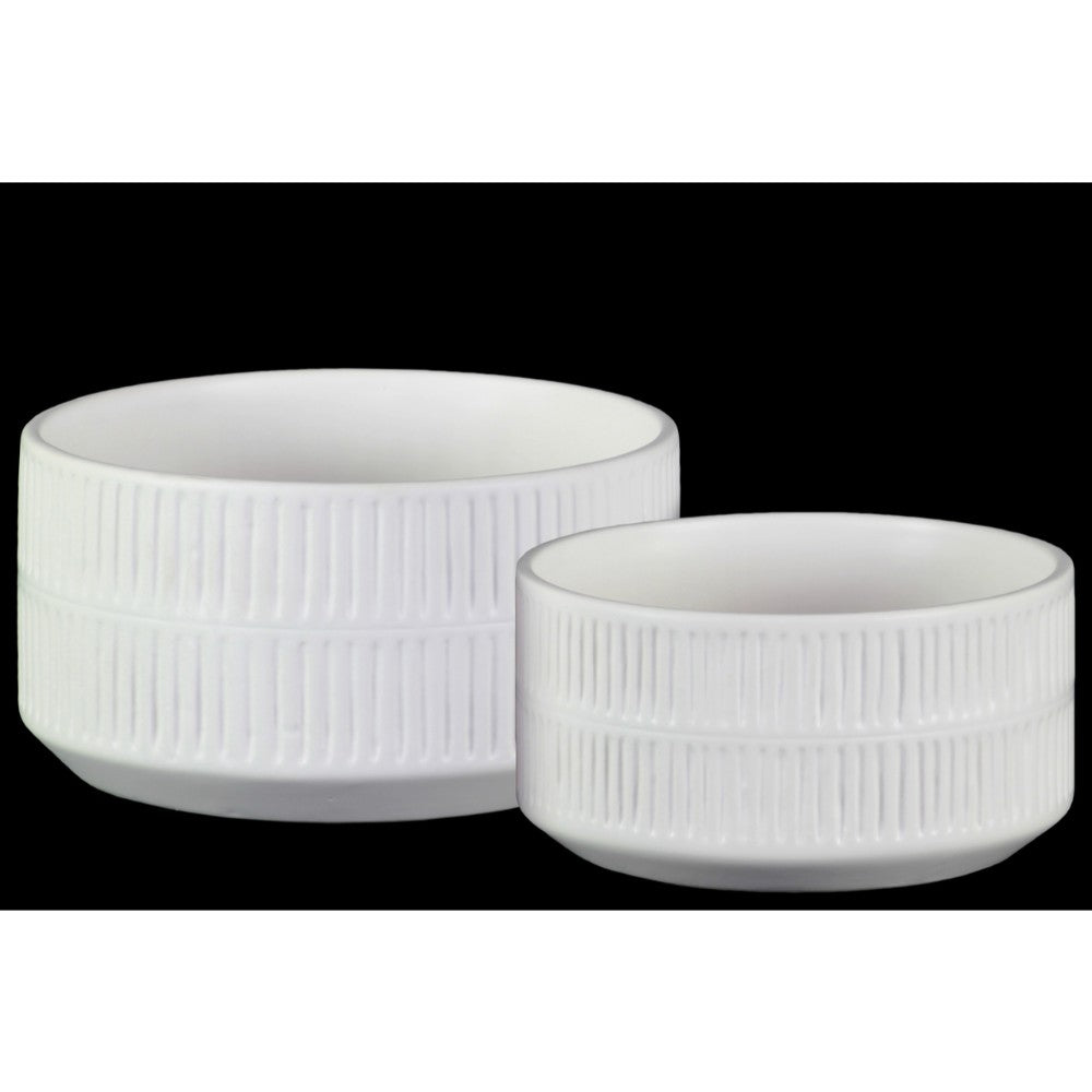 Cylindrical Shaped Ceramic Pot with Embossed Large Rectangular Strips, White,Set of 2