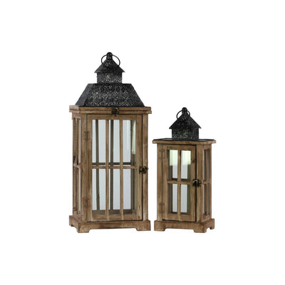 Traditional Wooden Lantern With Black Pierced  Metal Top, Set Of 2,  Dark Brown
