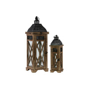 Square Shaped Wooden Lantern With Ring Hanger, Set Of 2, Dark Brown and Black