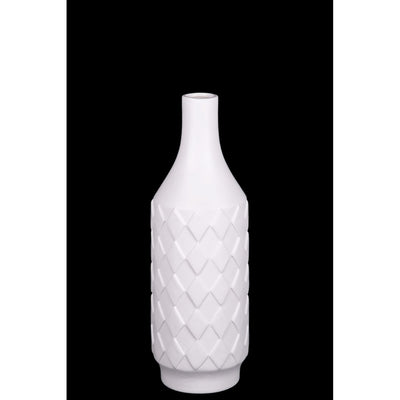 Artistically Designed Ceramic Bottle Vase With Diamond Pattern, Small, White