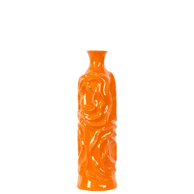 Cylindrical Shape Ceramic Vase With Wrinkled Sides, Medium, Orange