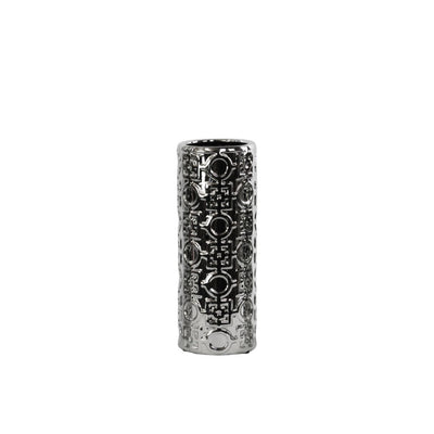 Patterned Ceramic Vase In Cylindrical Shape,  Silver