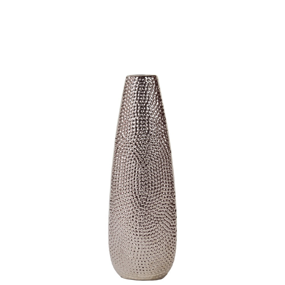 Oval Shape Ceramic Vase With Pimpled Pattern, Small, Silver