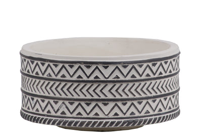 Stoneware Wide Round Pot With Black Embossed Lattice Chevron Design, Small, White