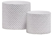 Stoneware Cylindrical Embossed Lattice Floral Design Pot, Set of 2, White