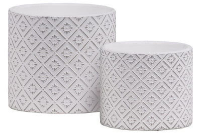 Stoneware Cylindrical Embossed Lattice Floral Design Pot, Set of 2, White