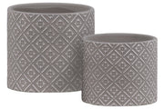 Stoneware Cylindrical Embossed Lattice Floral Design Pot, Set of 2, Gray