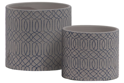 Stoneware Cylindrical Embossed Lattice Concentric Design Pot, Set of 2, Gray
