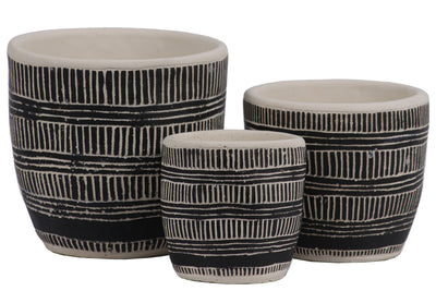 Irregular Stoneware Pot With Embossed Lattice Lines Design, Set of 3, Black