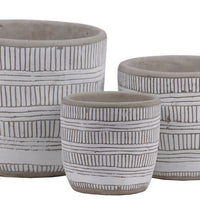 Irregular Stoneware Pot With Embossed Lattice Lines Design, Set of 3, White