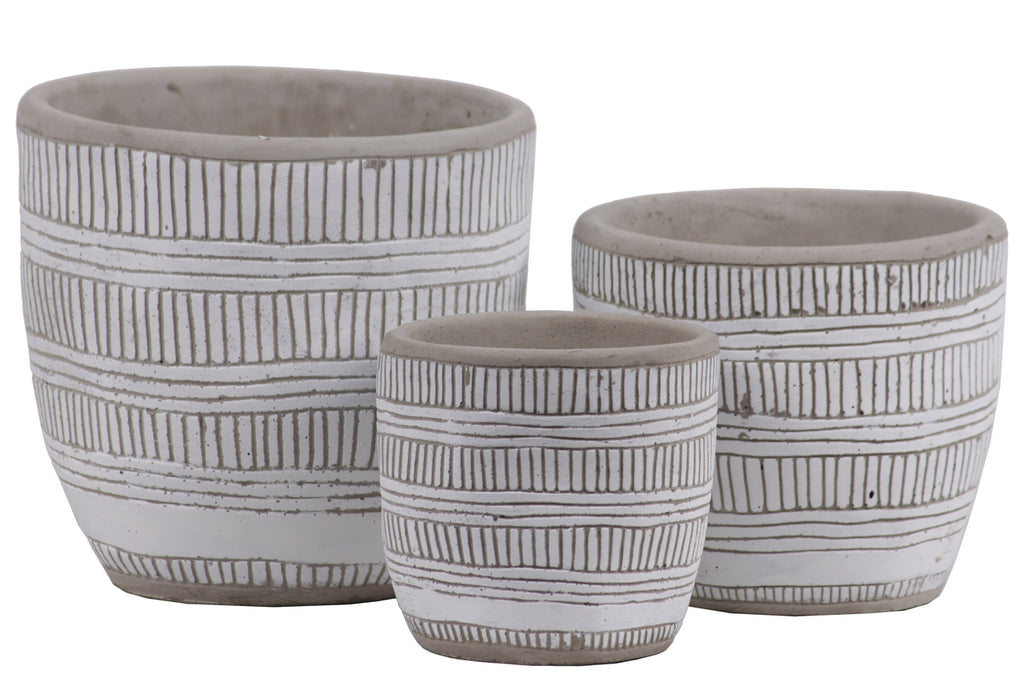 Irregular Stoneware Pot With Embossed Lattice Lines Design, Set of 3, White