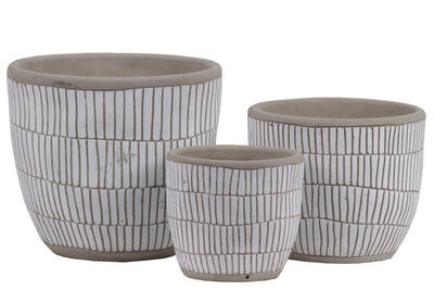 Irregular Stoneware Pot With Embossed Lattice Rectangle Design, Set of 3, White