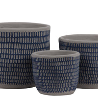 Irregular Stoneware Pot With Engrave Lattice Oblong Design, Set of 3, Blue
