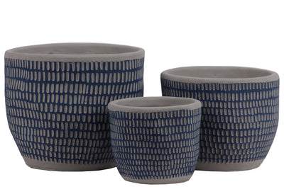Irregular Stoneware Pot With Engrave Lattice Oblong Design, Set of 3, Blue