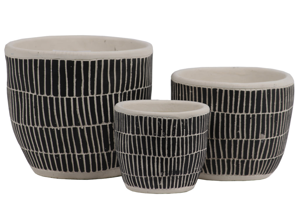 Irregular Stoneware Pot With Embossed Lattice Rectangle Design, Set of 3, Black