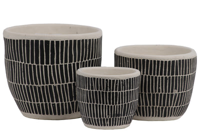 Irregular Stoneware Pot With Embossed Lattice Rectangle Design, Set of 3, Black