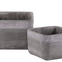 Cement Square Pot With Brushed Band Rim Top, Set of 2, Gray