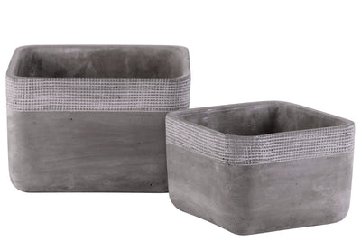 Cement Square Pot With Brushed Band Rim Top, Set of 2, Gray