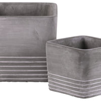 Cement Square Pot With Ribbed Band Rim Top, Set of 2, Gray