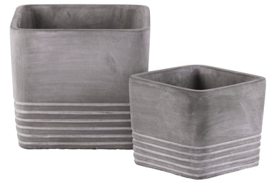 Cement Square Pot With Ribbed Band Rim Top, Set of 2, Gray