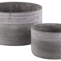 Cement Low Round Pot With Ribbed Band Rim Top, Set of 2, Gray