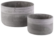 Cement Low Round Pot With Ribbed Band Rim Top, Set of 2, Gray