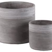 Cement Round Pot With Ribbed Band Rim Top, Set of 2, Gray