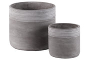 Cement Round Pot With Ribbed Band Rim Top, Set of 2, Gray