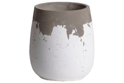 Cement Round Bellied Pot With Irregular Gray Band Rim Top, Large, White