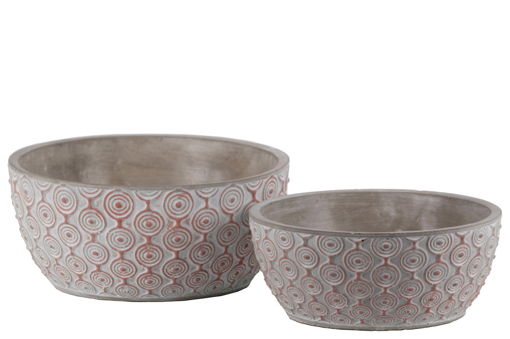 Cement Low Round Embossed Concentric Circle Design Pot, Set of 2, Vermillion