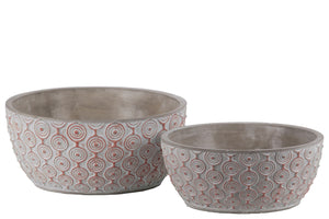 Cement Low Round Embossed Concentric Circle Design Pot, Set of 2, Vermillion