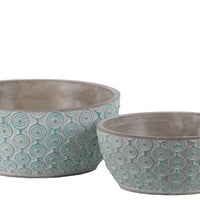 Cement Low Round Embossed Concentric Circle Design Pot, Set of 2, Turquoise