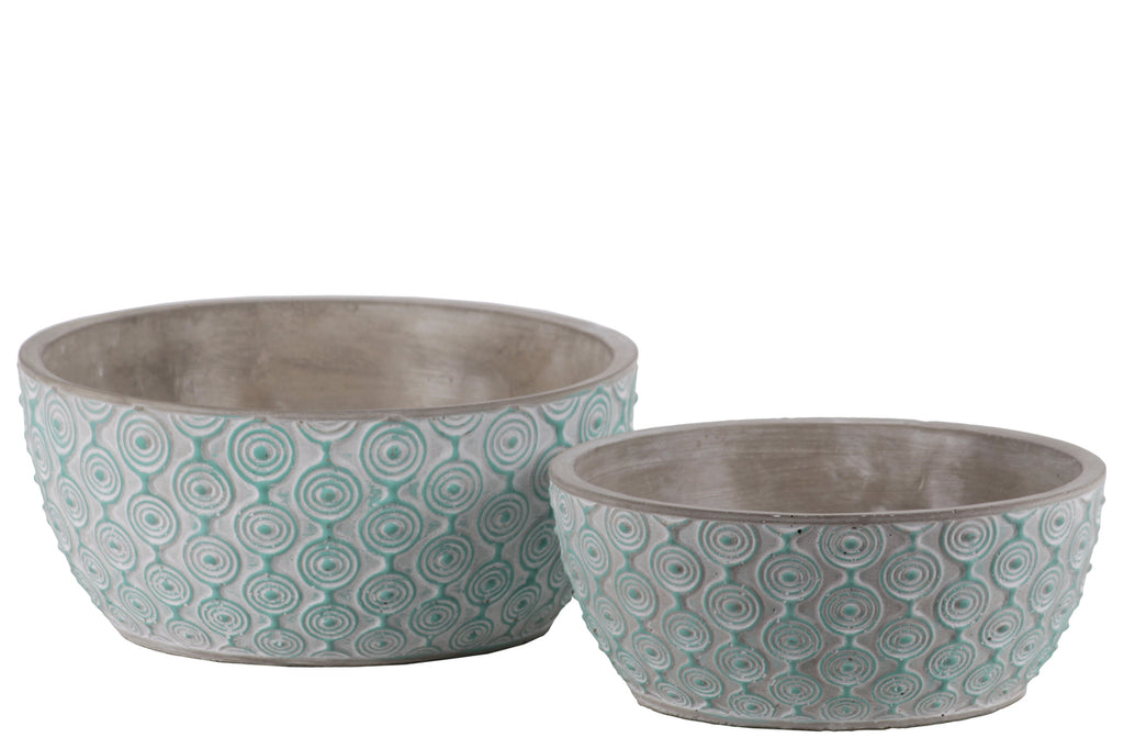 Cement Low Round Embossed Concentric Circle Design Pot, Set of 2, Turquoise