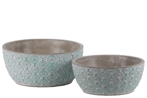 Cement Low Round Embossed Concentric Circle Design Pot, Set of 2, Turquoise