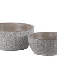 Cement Low Round Embossed Concentric Circle Design Pot, Set of 2, Gray