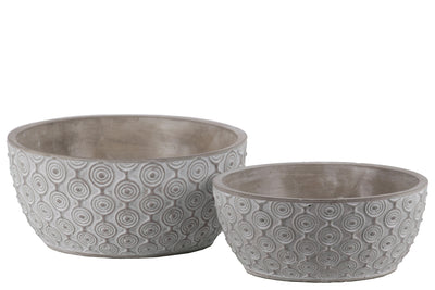 Cement Low Round Embossed Concentric Circle Design Pot, Set of 2, Gray