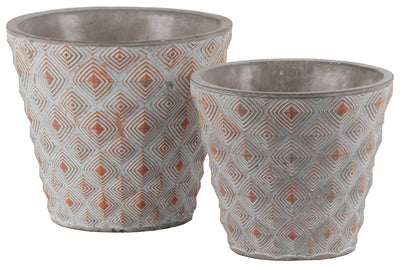 Cement Round Embossed Concentric Diamond Design Pot, Set of 2, Vermillion