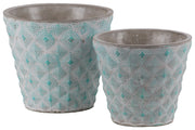 Cement Round Embossed Concentric Diamond Design Pot, Set of 2, Turquoise