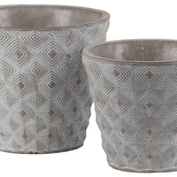 Cement Round Embossed Concentric Diamond Design Pot, Set of 2, Gray