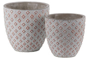 Cement Round Embossed Diamond Design Pot, Set of 2, Vermillion