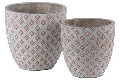 Cement Round Embossed Diamond Design Pot, Set of 2, Vermillion