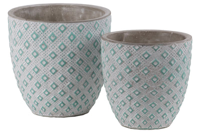 Cement Round Embossed Diamond Design Pot, Set of 2, Turquoise
