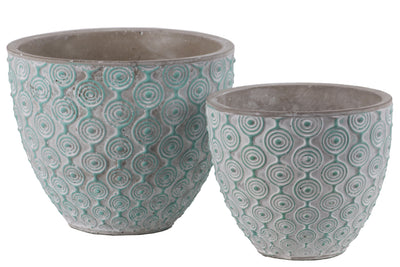 Cement Round Embossed Concentric Circle Design Pot, Set of 2, Turquoise